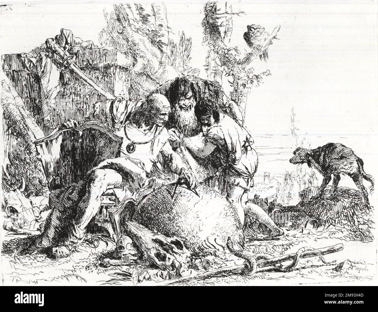 Due Magi con un bambino Giovanni Battista Tiepolo (italiano, veneziano, 1696-1770). Incisione su carta bianca, 5 1/2 x 7 3/8 poll. (13,9 x 18,8 cm). Arte europea Foto Stock