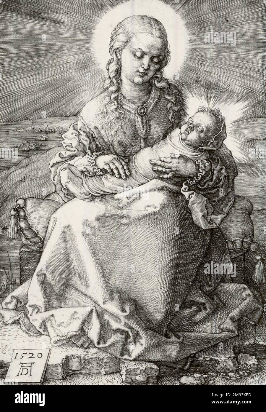 La Vergine con il Salvatore Bambino in abiti ondolanti Albrecht Dürer (tedesco, 1471-1528). La Vergine con il Salvatore Bambino in abiti gonfie, 1520. Incisione su carta posata, 5 5/8 x 3 7/8 poll. (14,3 x 9,8 cm). Arte europea 1520 Foto Stock