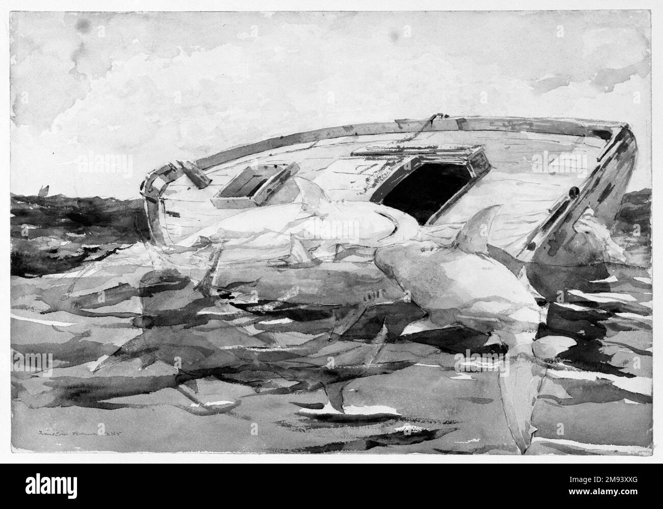 Squali; anche il derelict Winslow Homer (americano, 1836-1910). Squali; anche il Derelict, 1885. Acquerello su grafite su carta ovata, 14 1/2 x 20 15/16 poll. (36,8 x 53,2 cm). Arte americana 1885 Foto Stock