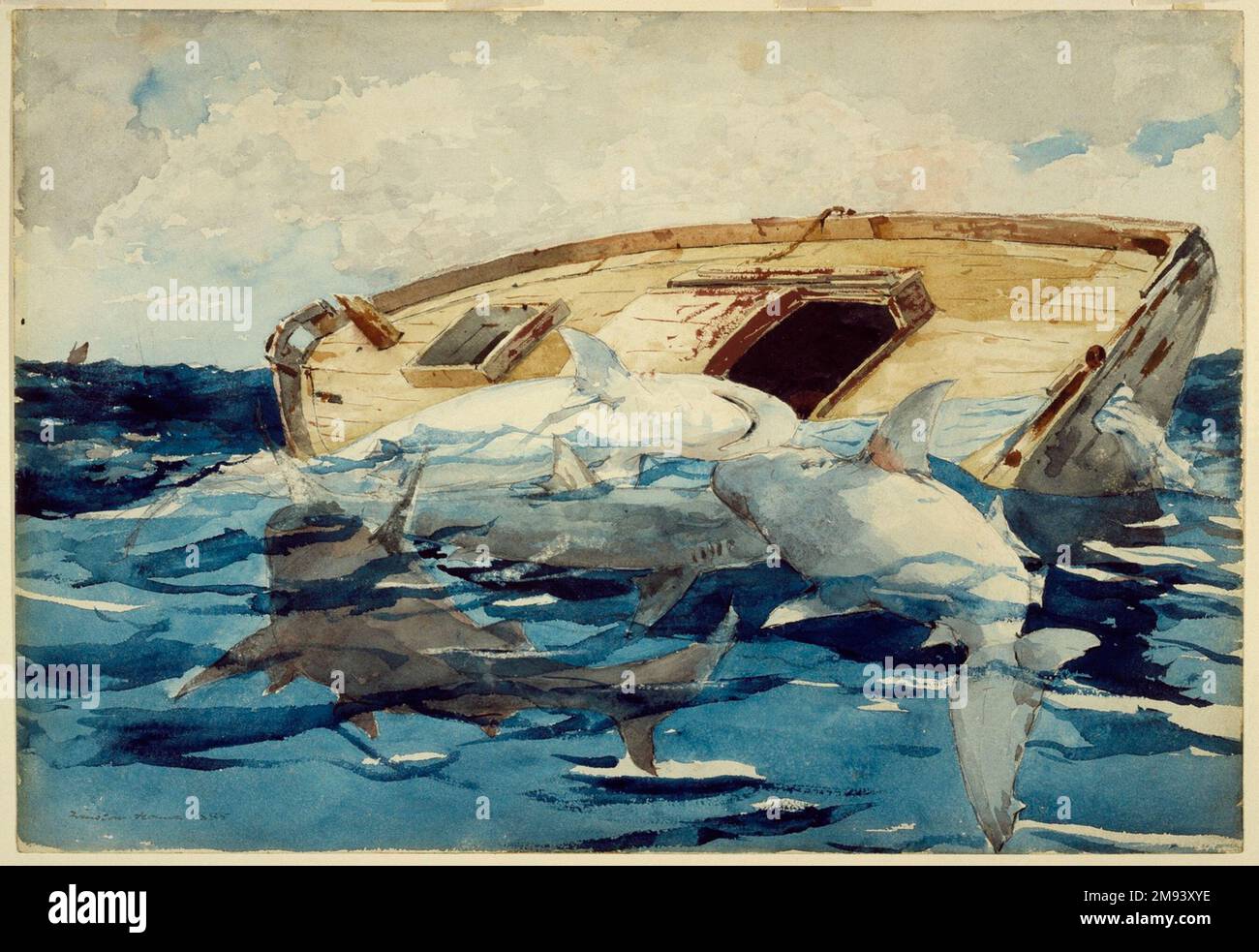 Squali; anche il derelict Winslow Homer (americano, 1836-1910). Squali; anche il Derelict, 1885. Acquerello su grafite su carta ovata, 14 1/2 x 20 15/16 poll. (36,8 x 53,2 cm). Arte americana 1885 Foto Stock