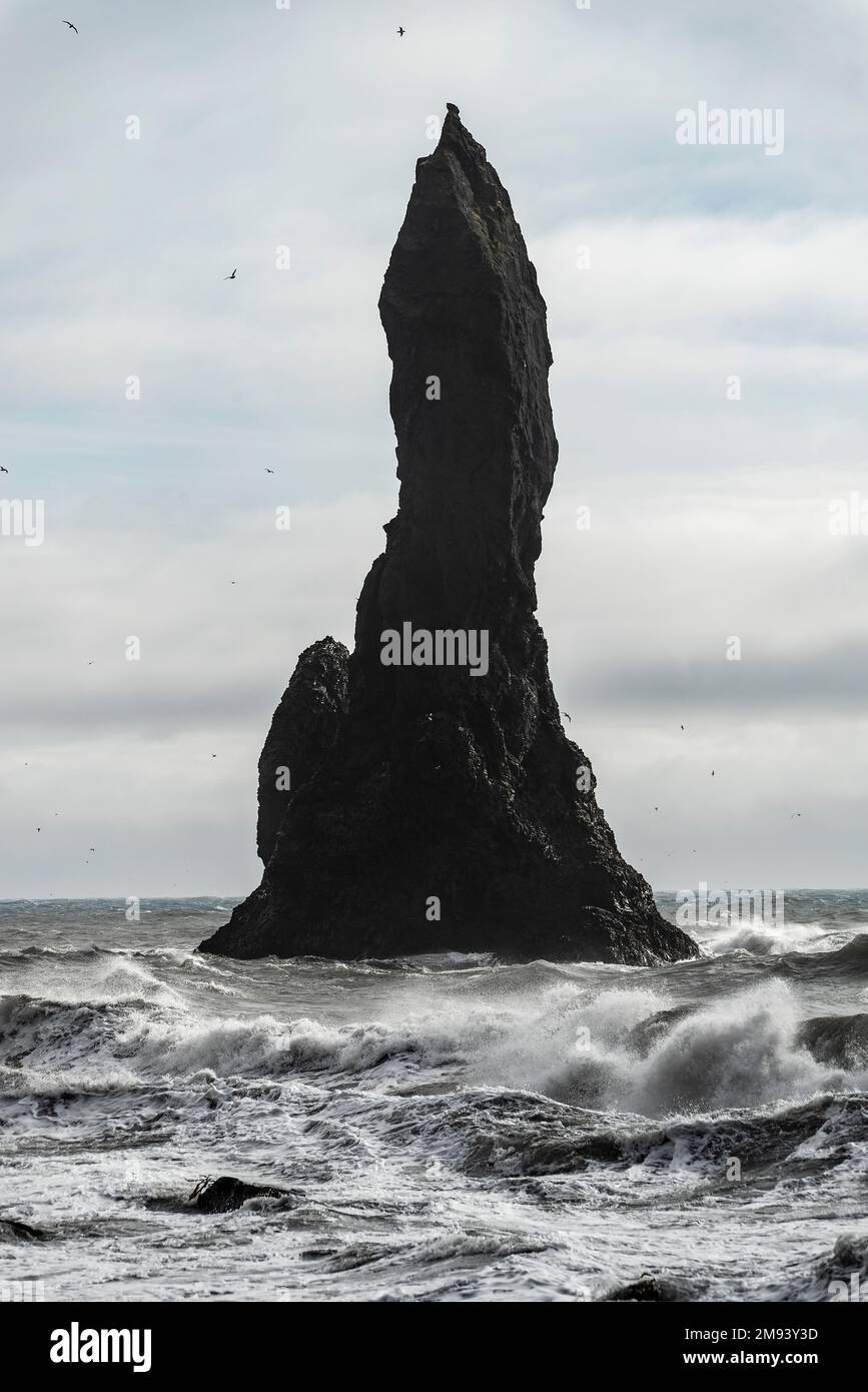 Primo piano di una delle pile di basalto mare della famosa formazione rocciosa Reynisdrangar, spiaggia di Reynisfjara, Islanda, vicino a Vík í Mýrdal e Route 1 / Ring Foto Stock