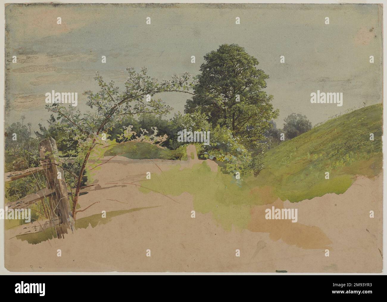 Paesaggio con Fence William Trost Richards (americano, 1833-1905). Paesaggio con fence, 1870s-1880s. Acquerello trasparente e opaco su grafite su carta beige scuro, spessore moderato, leggermente ruvida, 10 x 14 pollici (25,4 x 35,6 cm). Arte americana 1870s-1880s Foto Stock