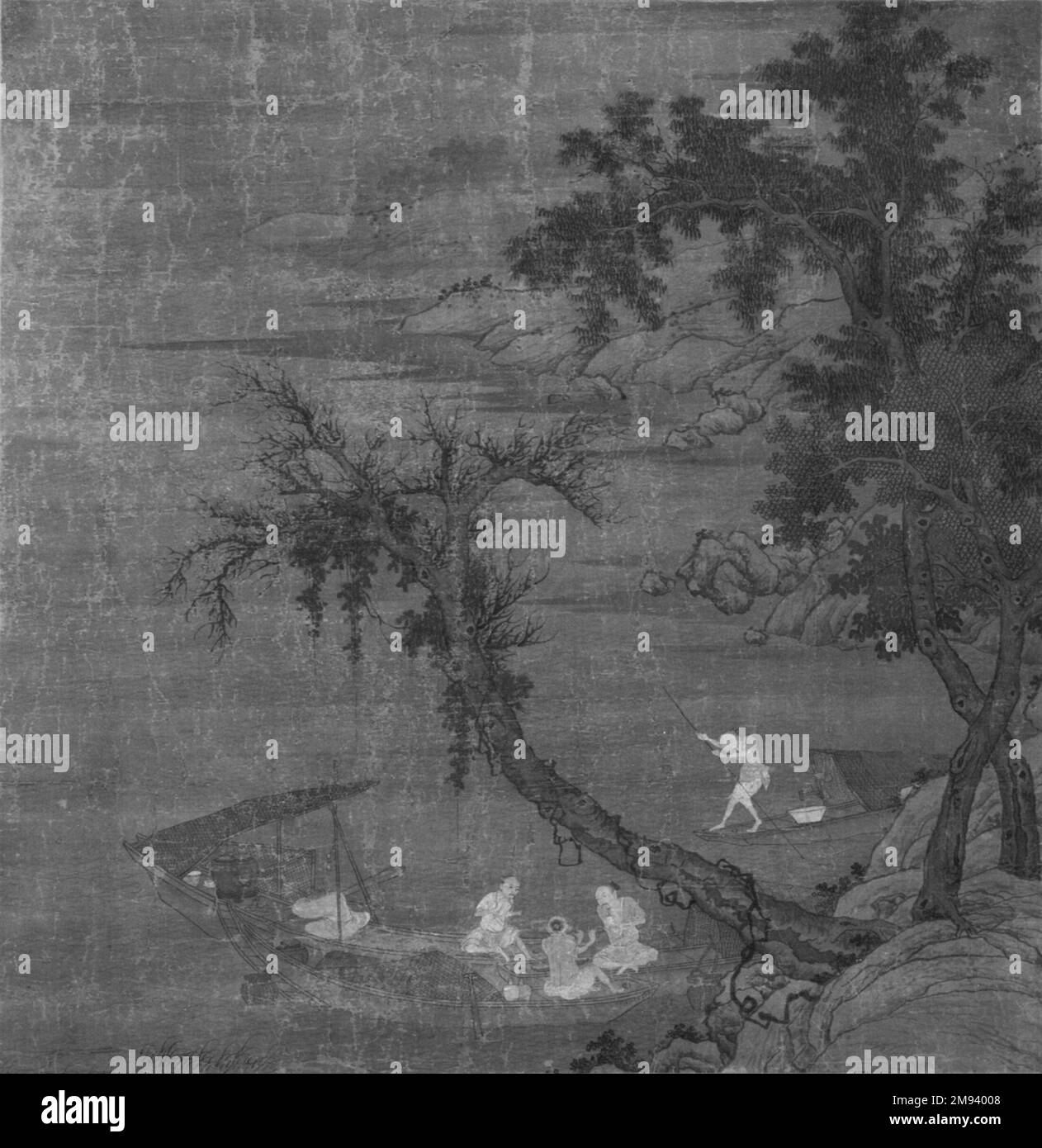 Pescatori su barche visto attraverso gli alberi di Willow, 17th ° secolo. Inchiostro e colore su seta, totale: 73 1/4 x 31 7/8 poll., 34 poll. con rulli. Arte asiatica 17th ° secolo Foto Stock