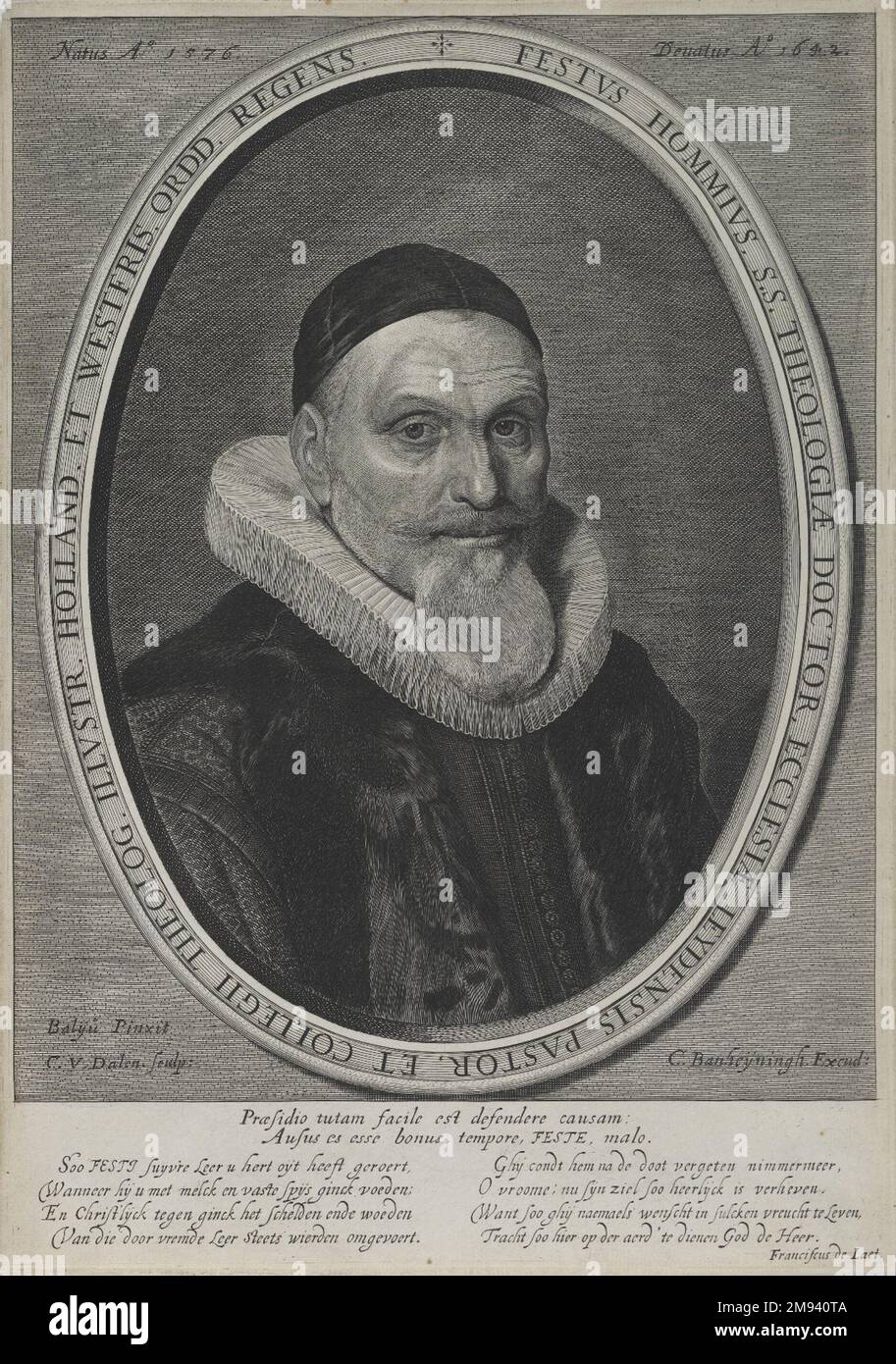 Fessus Hommius Cornelis van Dalen (olandese, ca. 1602-1665). Fessus Hommius. Incisione, foglio: 12 5/8 x 8 7/8 poll. (32 x 22,6 cm). Arte europea Foto Stock