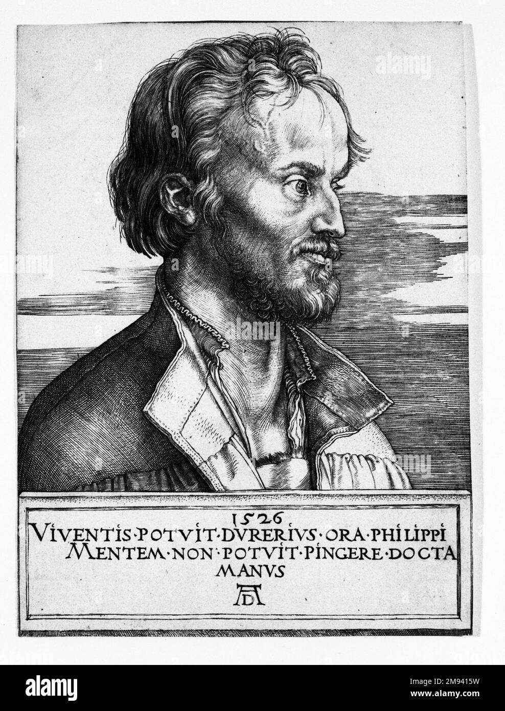 Phillip Melanchthon Albrecht Dürer (tedesco, 1471-1528). Phillip Melanchthon, 1526. Incisione su carta posata, 6 3/4 x 5 poll. (17,1 x 12,7 cm). Arte europea 1526 Foto Stock