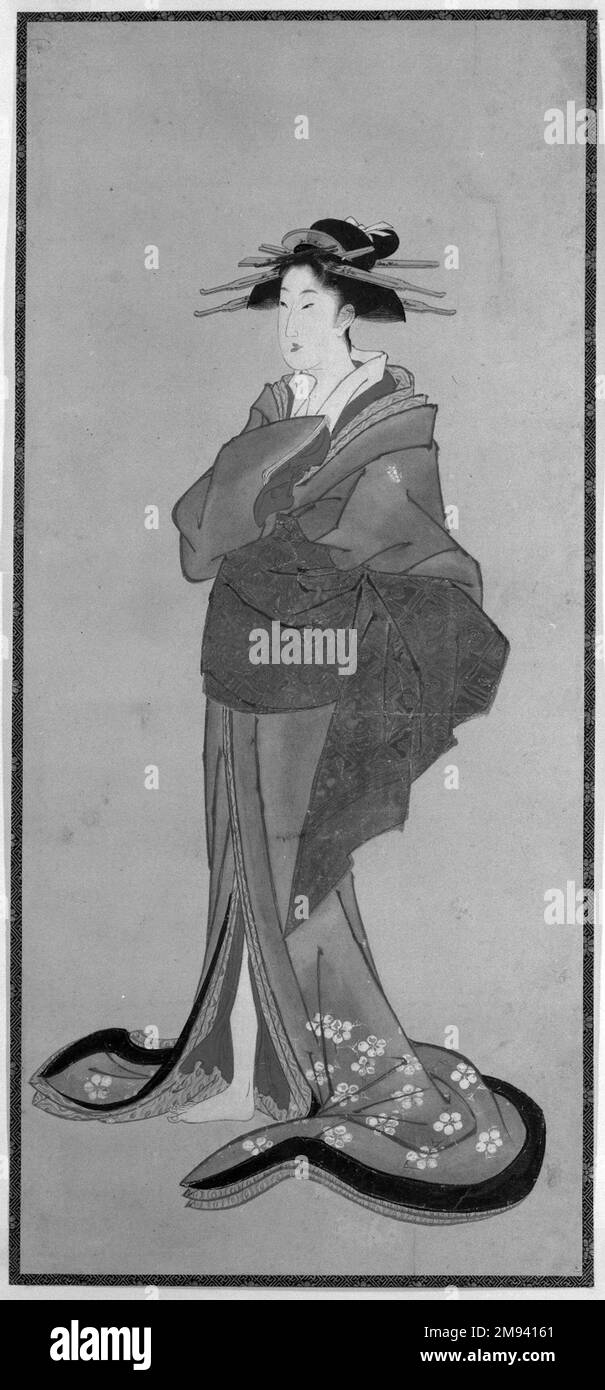 Cortigiano attribuito a Kikugawa Eizan (giapponese). , ca. 1820-1830. Inchiostro e colori su carta, immagine: 30 1/4 x 13 1/2 pollici (76,8 x 34,3 cm). Arte asiatica ca. 1820-1830 Foto Stock