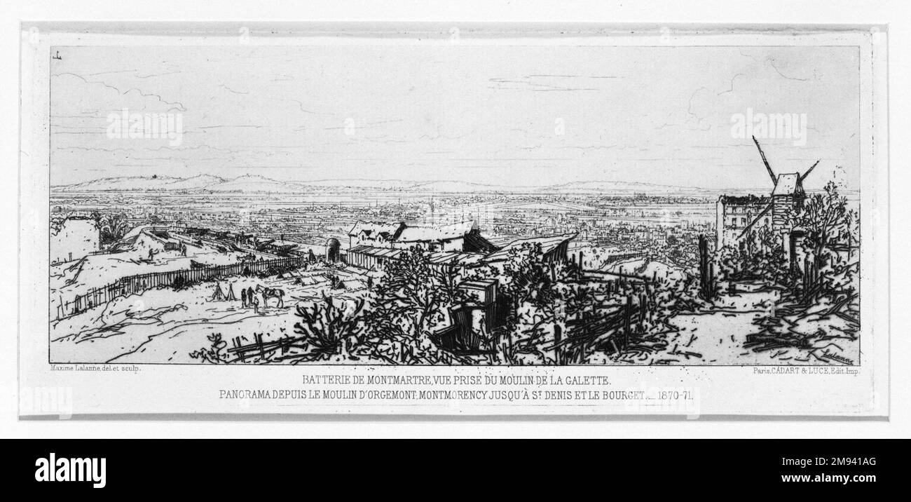 Batterie De Montmarte Prise Du Moulin De la Galette Maxime Lalanne (francese, 1827-1886). , 1870-1871. Incisione su carta posata, 4 1/4 x 9 1/2 poll. (10,8 x 24,1 cm). Arte europea 1870-1871 Foto Stock
