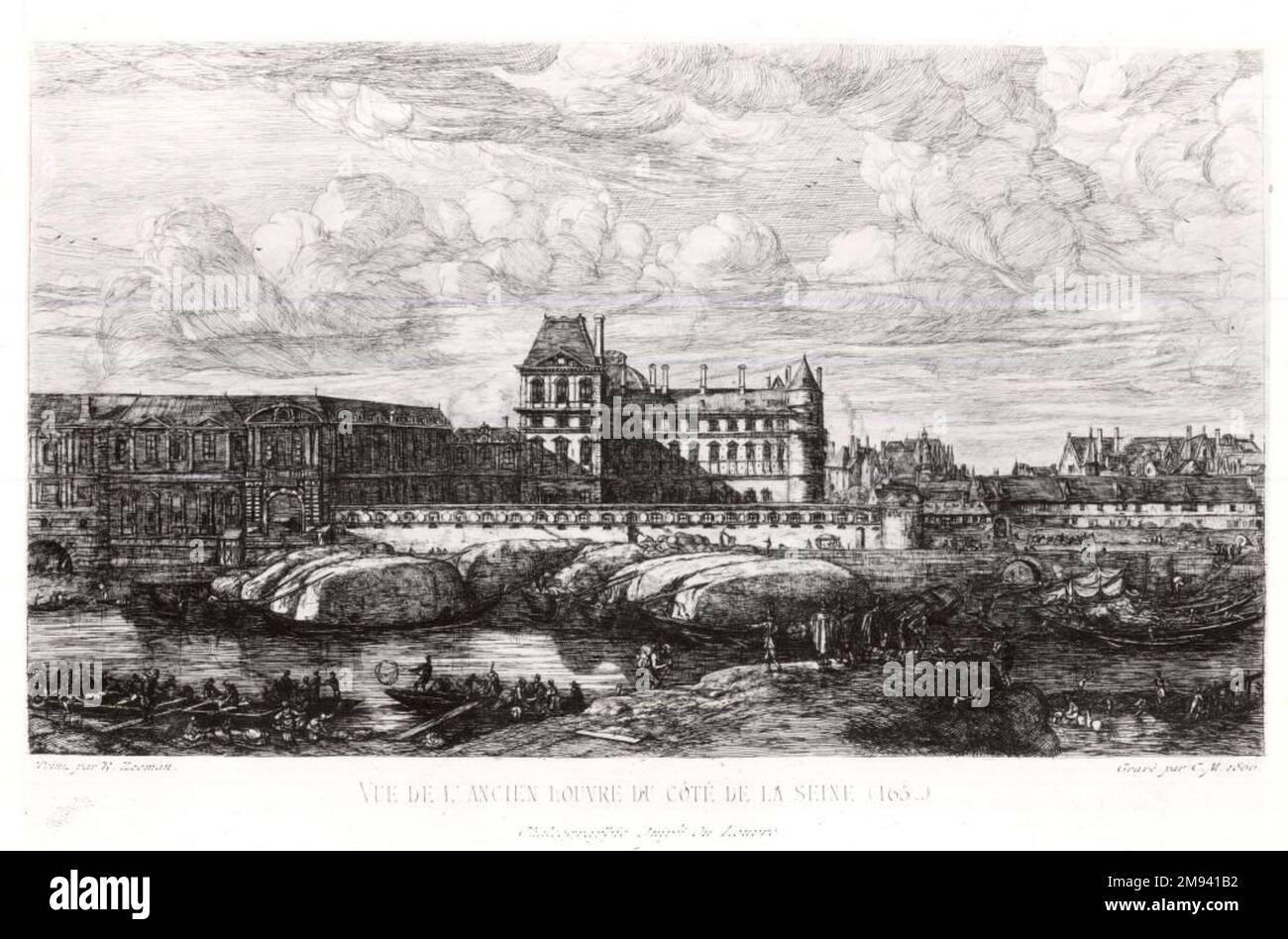 Vue de l'Ancien Louvre du Cote de la Seine Charles Méryon (francese, 1821-1868). Rue de l'Ancien Louvre du Cote de la Seine, 1866. Incisione su carta con spostamento, 6 1/2 x 10 1/2 poll. (16,5 x 26,7 cm). Arte europea 1866 Foto Stock