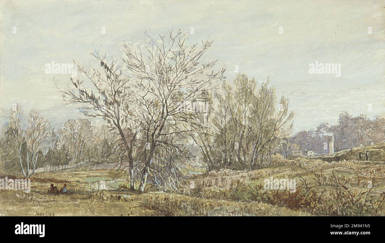 Paesaggio William Trost Richards (americano, 1833-1905). Paesaggio, 1868. Acquerello, matita e bianco su carta, foglio: 5 5/8 x 9 13/16 pollici (14,3 x 24,9 cm). Arte americana 1868 Foto Stock