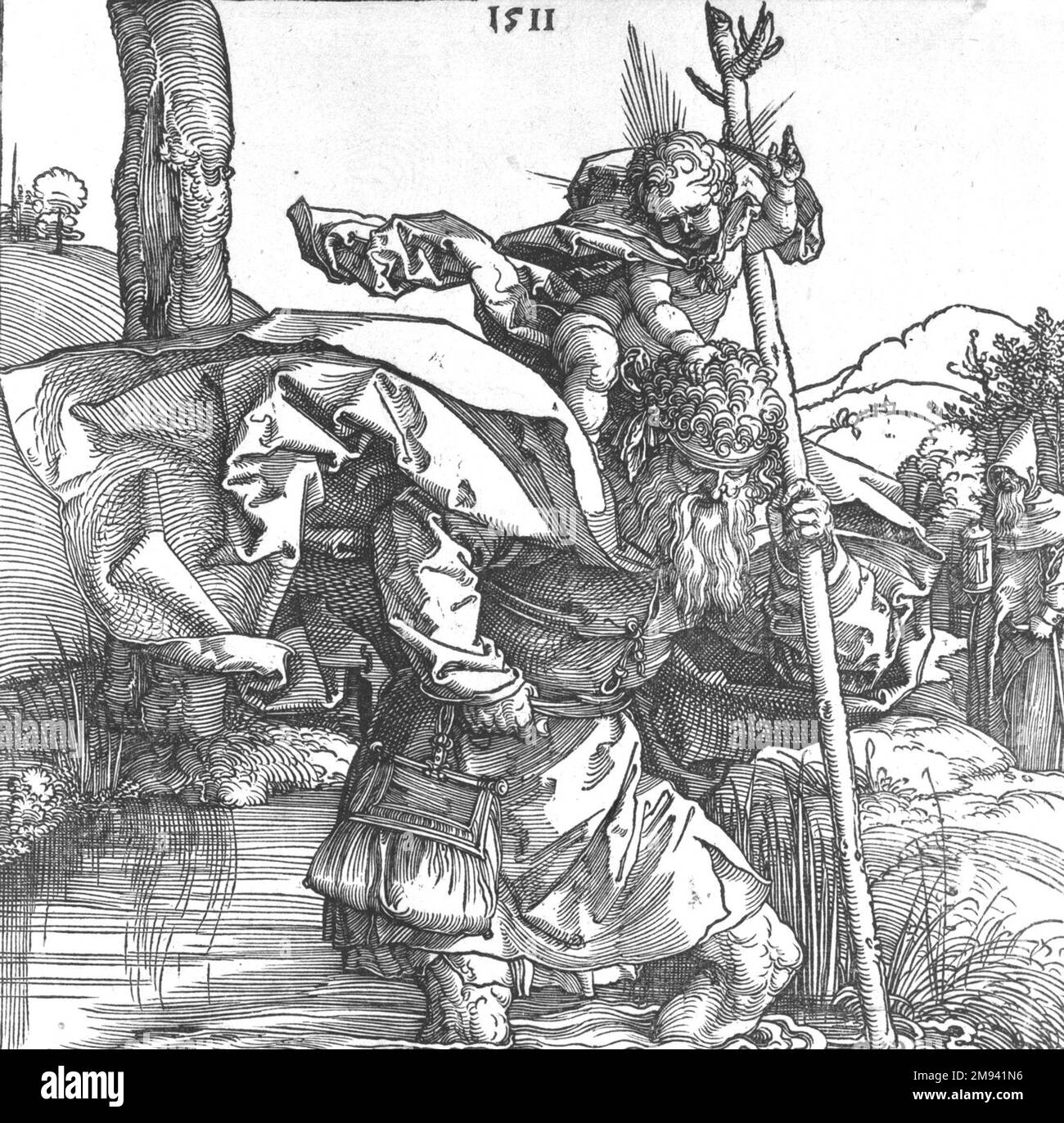 St Christopher Albrecht Dürer (tedesco, 1471-1528). St Christopher, 1511. Taglio legno, foglio: 8 5/8 x 8 7/8 poll. (21,9 x 22,5 cm). Arte europea 1511 Foto Stock
