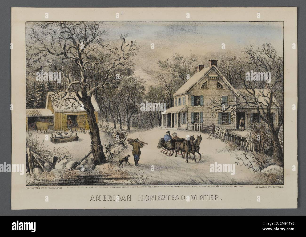 American Homestead Winter Currier &amp; Ives (americano). , 1868-1869. Litografia colorata a mano su carta ovata, foglio: 9 3/4 x 13 13/16 pollici (24,8 x 35,1 cm). Arte americana 1868-1869 Foto Stock