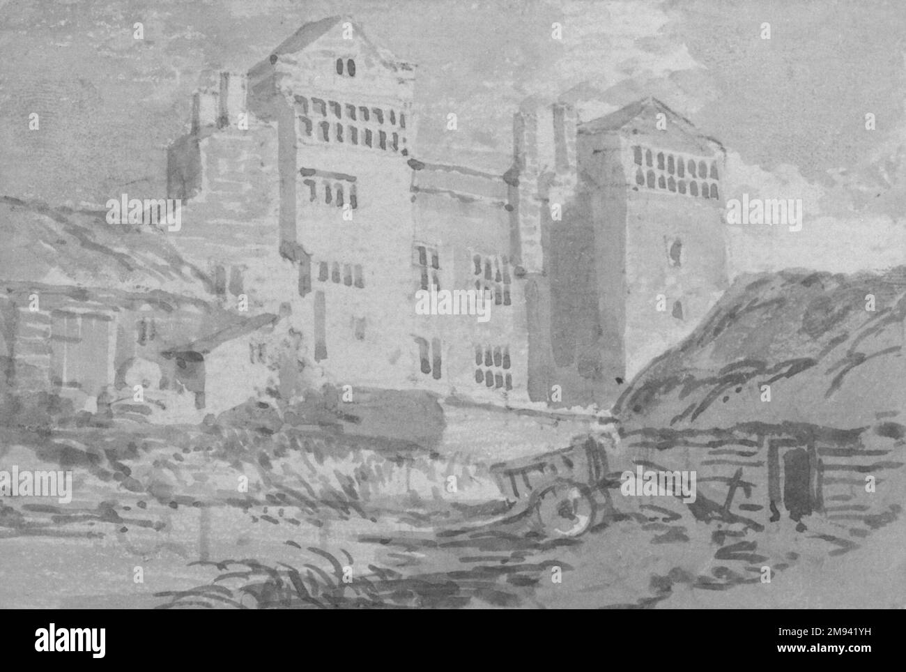 Agriturismo Yard Joseph Mallord William Turner (inglese, 1775-1851). , n.d. Lavaggio su carta, foglio/composizione: 2 3/8 x 3 5/8 poll. (6,1 x 9,2 cm). Arte europea n.d. Foto Stock