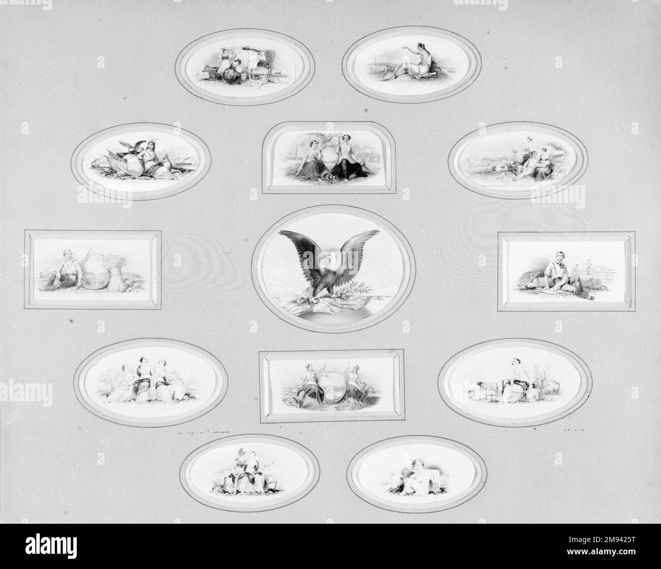 Vignetta B americana. Vignetta B, 1840s-1850s. Acquerello e grafite su carta, 5 1/4 x 2 13/16 pollici (13,3 x 7,1 cm). Arte americana 1840s-1850s Foto Stock