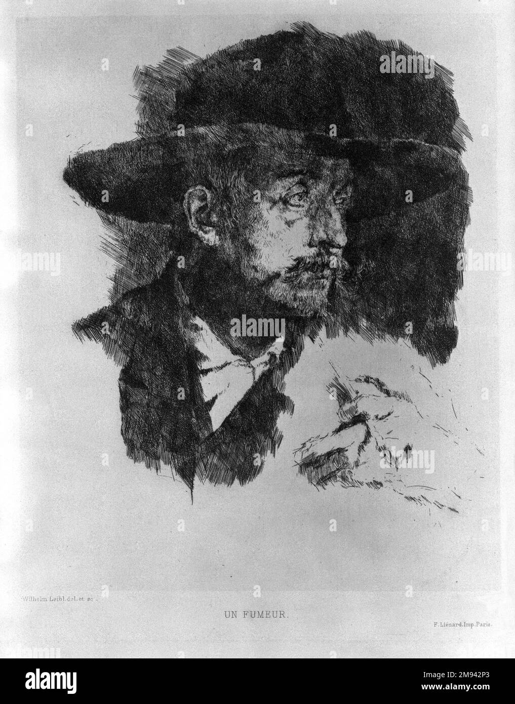 Un Fumeur Wilhelm Leibl (tedesco, 1844-1900). Un Fumeur. Incisione su carta posata, 8 15/16 x 7 3/8 poll. (22,7 x 18,7 cm). Arte europea Foto Stock