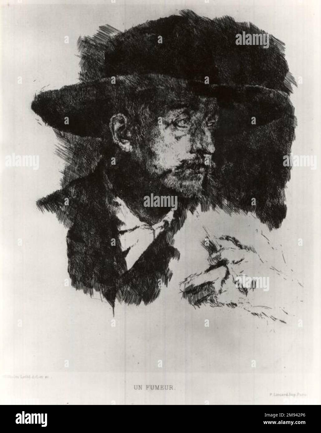 Un Fumeur Wilhelm Leibl (tedesco, 1844-1900). Un Fumeur. Incisione su carta posata, 8 15/16 x 7 3/8 poll. (22,7 x 18,7 cm). Arte europea Foto Stock