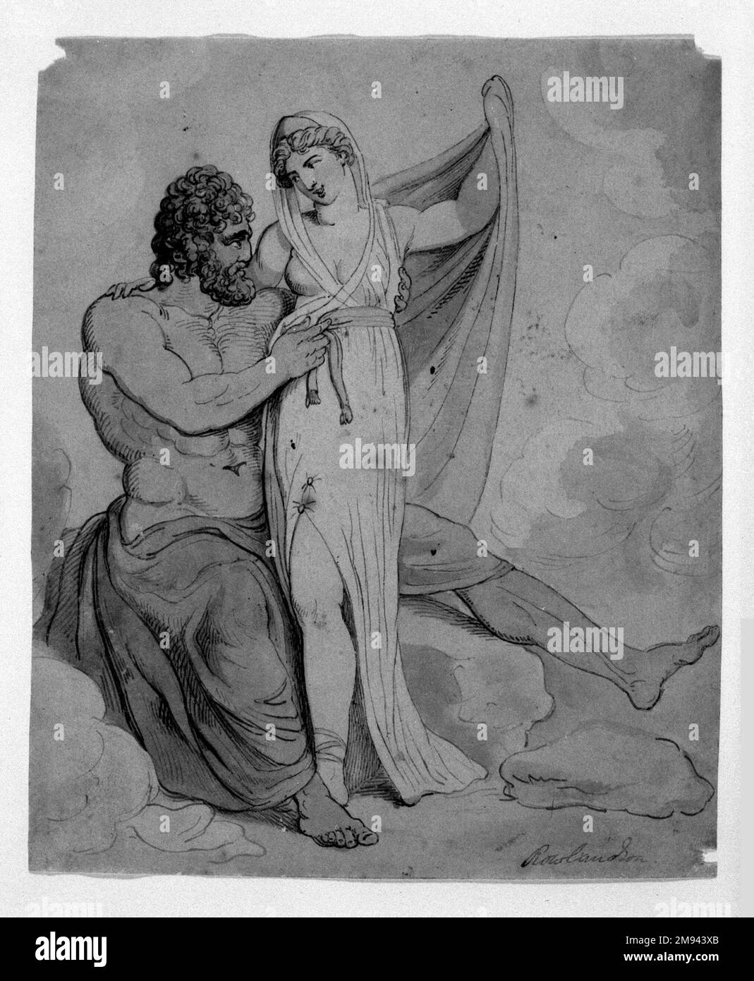 Hercules e Omphale Thomas Rowlandson (britannico, 1756-1827). , dopo le 1821:00. Disegno a inchiostro con lavaggio ad acqua, 8 1/2 x 7" (21,6 x 17,8 cm). Arte europea dopo il 1821 Foto Stock