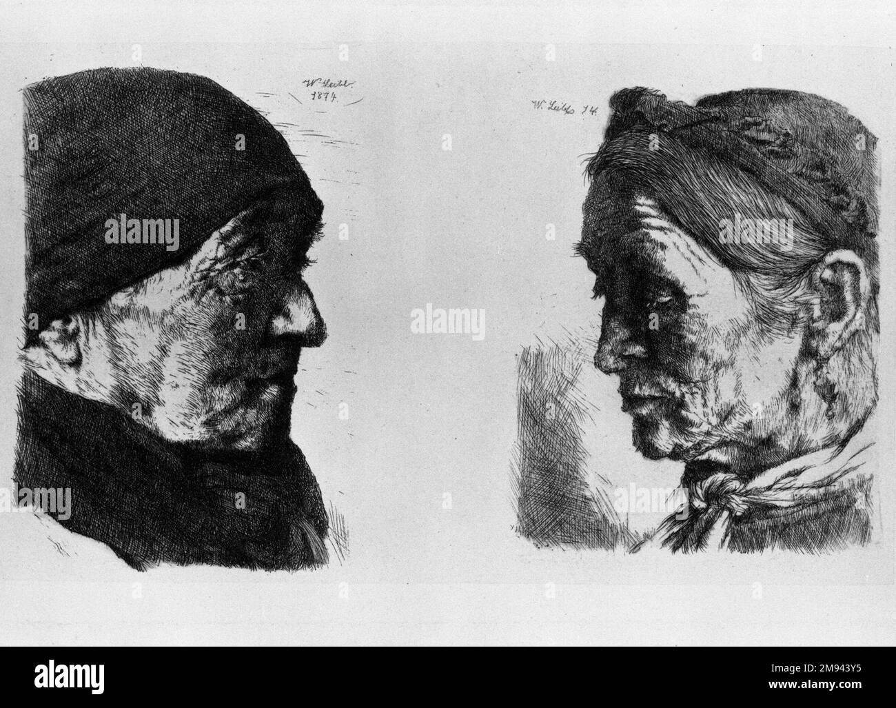 Contadini Wilhelm Leibl (tedesco, 1844-1900). , 1874. Incisione su carta cinese posata con carta ovata, 6 1/2 x 4 1/8 poll. (16,5 x 10,4 cm). Arte europea 1874 Foto Stock