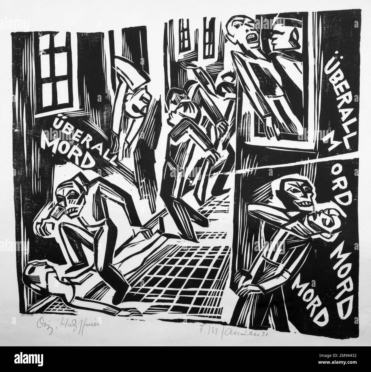 Omicidio ovunque Franz M. Jansen (tedesco, 1885-1958). , 1921. Taglio a legno su carta Wove, 16 3/4 x 17 poll. (42,5 x 43,2 cm). Arte europea 1921 Foto Stock