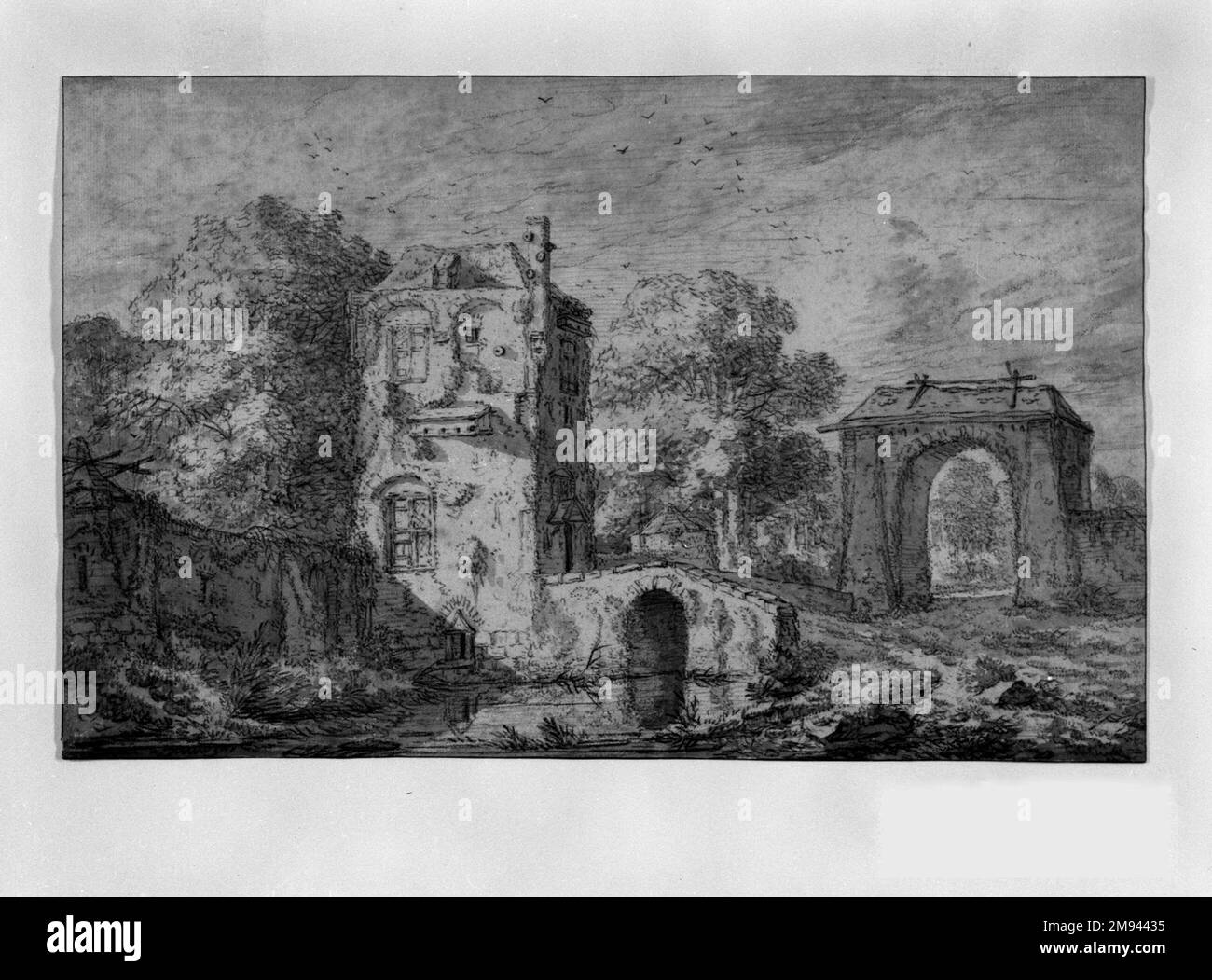 Paesaggio con porta e Torre Jacob van Ruisdael (olandese, ca. 1628-1682). , n.d. Inchiostro e lavaggio su carta steso, 8 x 12 1/2 poll. (20,3 x 31,8 cm). Arte europea n.d. Foto Stock