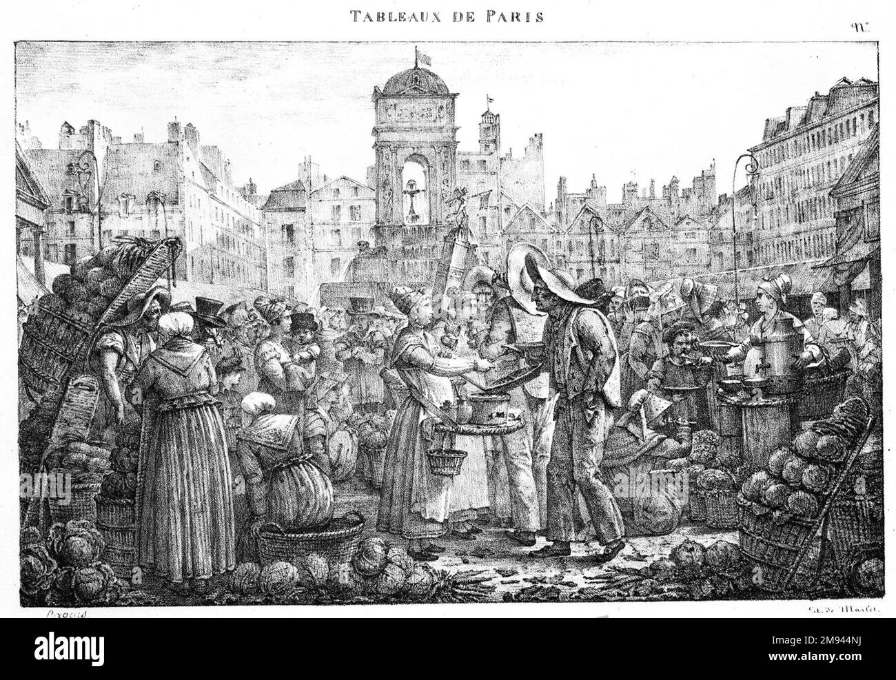 Dejeune a la Halle Jean Henri Marlet (francese, 1771-1847). , 1824. Litografia su carta con spostamento, 6 7/16 x 9 15/16 pollici (16,4 x 25,2 cm). Arte europea 1824 Foto Stock