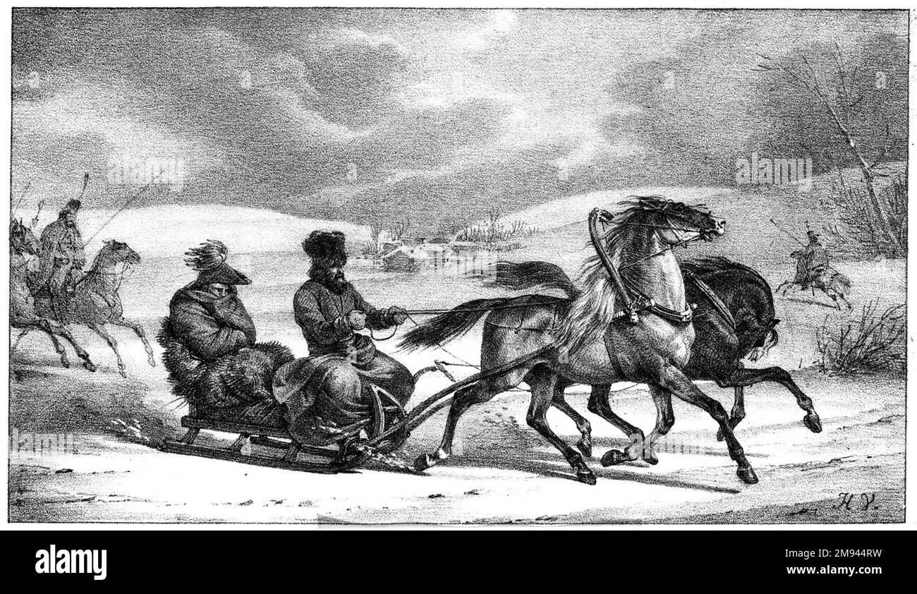 Escorte russe Horace Vernet (francese, 1789-1863). Escorte russe, ca. 1818. Litografia su carta ovata, immagine: 5 5/8 x 9 13/16 pollici (14,3 x 24,9 cm). Arte europea ca. 1818 Foto Stock