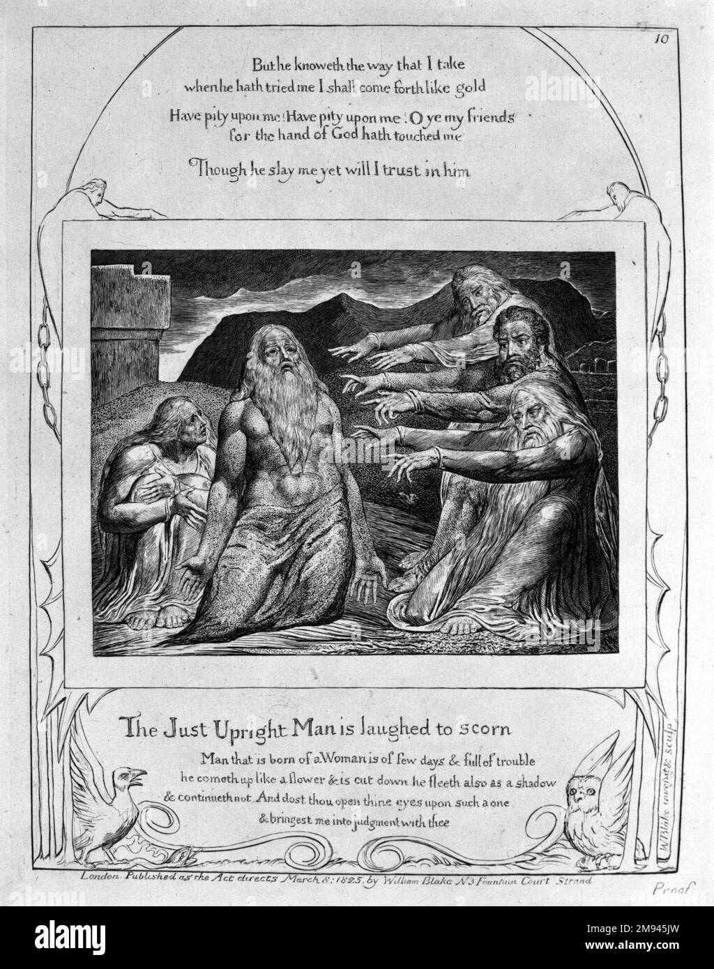 L'uomo giusto eretto è ridito di disprezzo, dalle illustrazioni del libro di Giobbe William Blake (inglese, 1757-1827). , 1825. Incisione, 8 5/16 x 6 7/16 poll. (21,1 x 16,3 cm). Arte europea 1825 Foto Stock