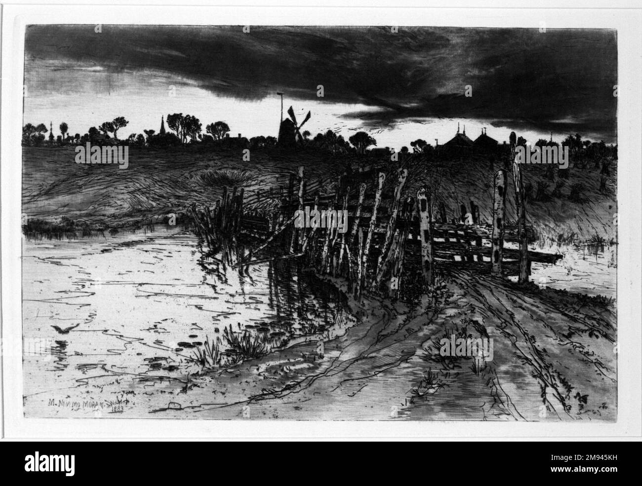 'Tween the Gloaming and the Mirk, when the Kye come Home Mary Nimmo Moran (americano, 1842-1899). 'Tween the Gloaming and the Mirk, when the Kye come Home, 1883. Incisione su carta spalmata color crema, foglio: 13 9/16 x 17 13/16 poll. (34,4 x 45,2 cm). Arte americana 1883 Foto Stock