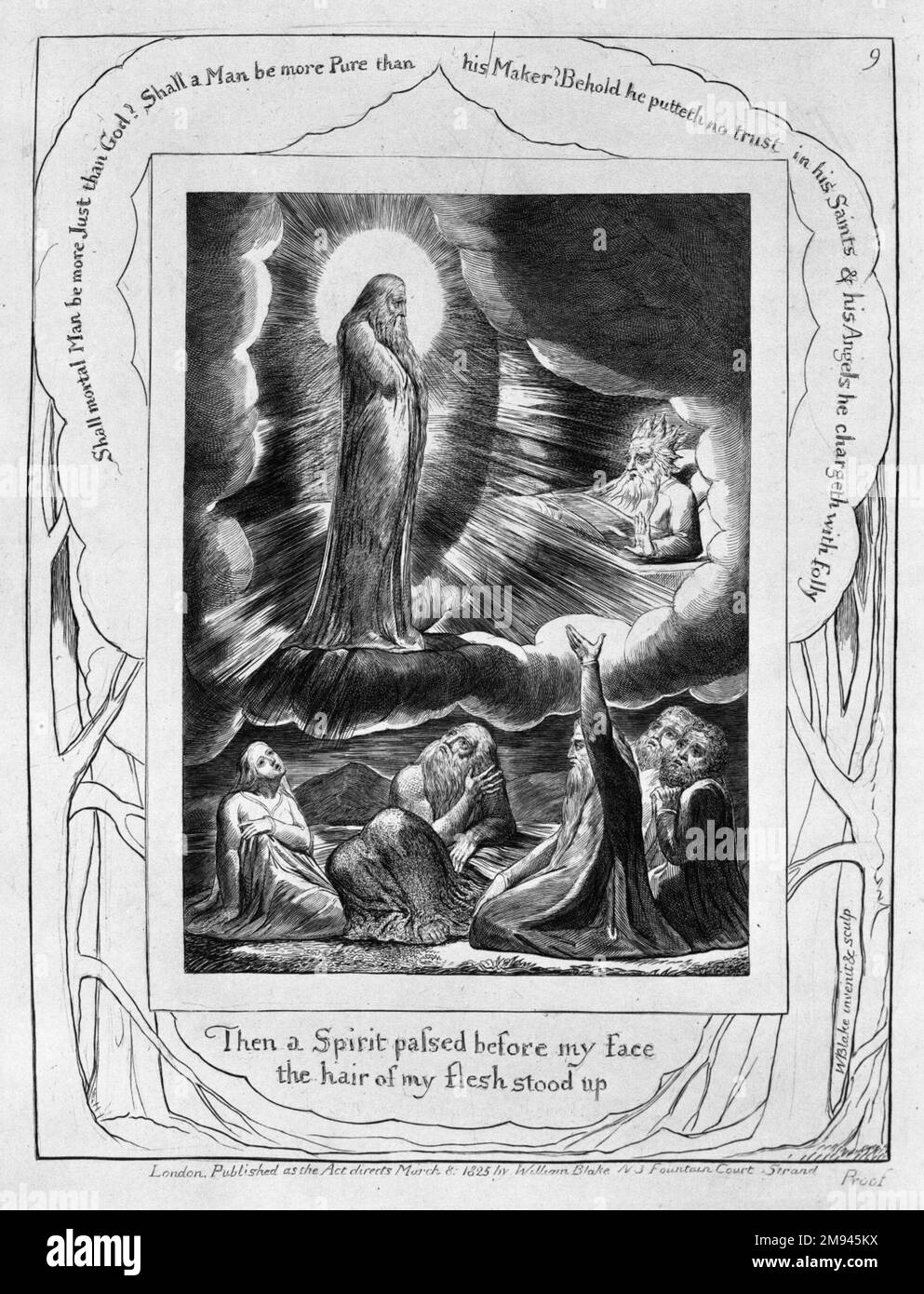 Perisca il giorno in cui sono nato, dalle illustrazioni del Libro di Giobbe William Blake (inglese, 1757-1827). , 1825. Incisione, 8 5/16 x 6 7/16 poll. (21,1 x 16,3 cm). Arte europea 1825 Foto Stock