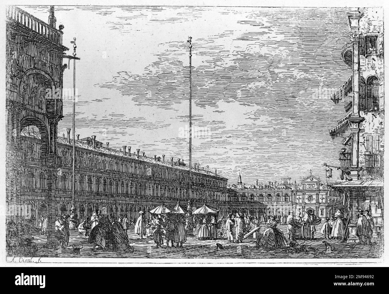 Le Preson V. (in alto) e le Procuratie Niove e S. Ziminian V. (in basso) canale Giovanni Antonio, detto Canaletto (italiano, veneziano, 1697-1768). Le Preson V. (in alto) e le Procuratie Niove e S. Ziminian V. (in basso). Incisione (ripe), foglio: 15 3/16 x 10 9/16 poll. (38,6 x 26,8 cm). Arte europea Foto Stock