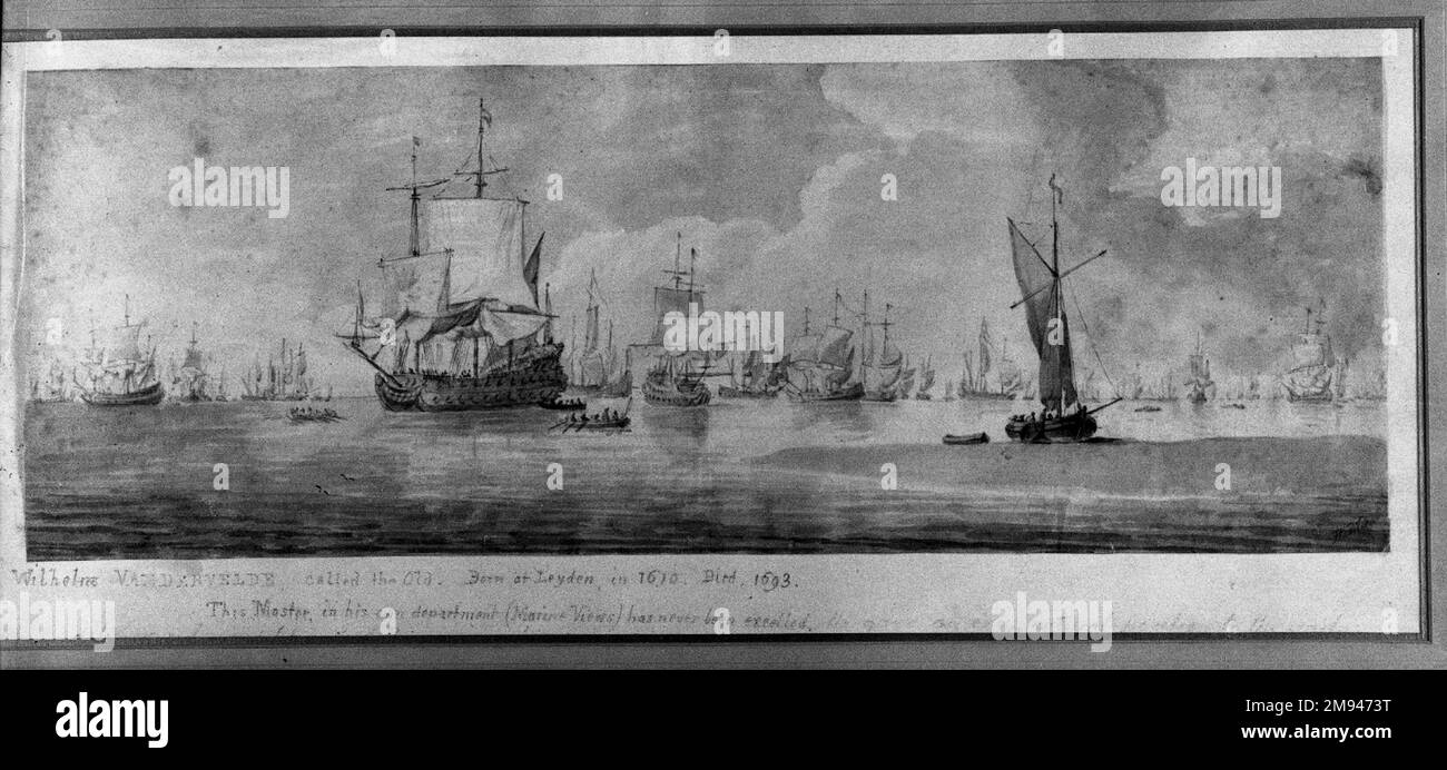 Marine attribuita a Willem van de Velde il Vecchio (olandese, 1611-1683). Acquerello, foglio: 5 7/8 x 16 1/4 poll. (14,9 x 41,3 cm). Arte europea Foto Stock Marine attribuita a Willem van de Velde il Vecchio (olandese, 1611-1683). Acquerello, foglio: 5 7/8 x 16 1/4 poll. (14,9 x 41,3 cm). Arte europea Foto Stock