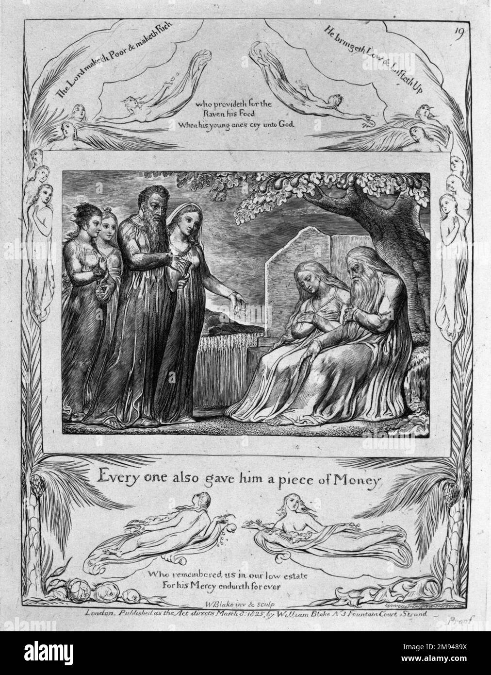 Tutti gli hanno anche dato un pezzo di denaro, dalle illustrazioni del libro di Giobbe William Blake (inglese, 1757-1827). , 1825. Incisione, 8 5/16 x 6 7/16 poll. (21,1 x 16,3 cm). Arte europea 1825 Foto Stock