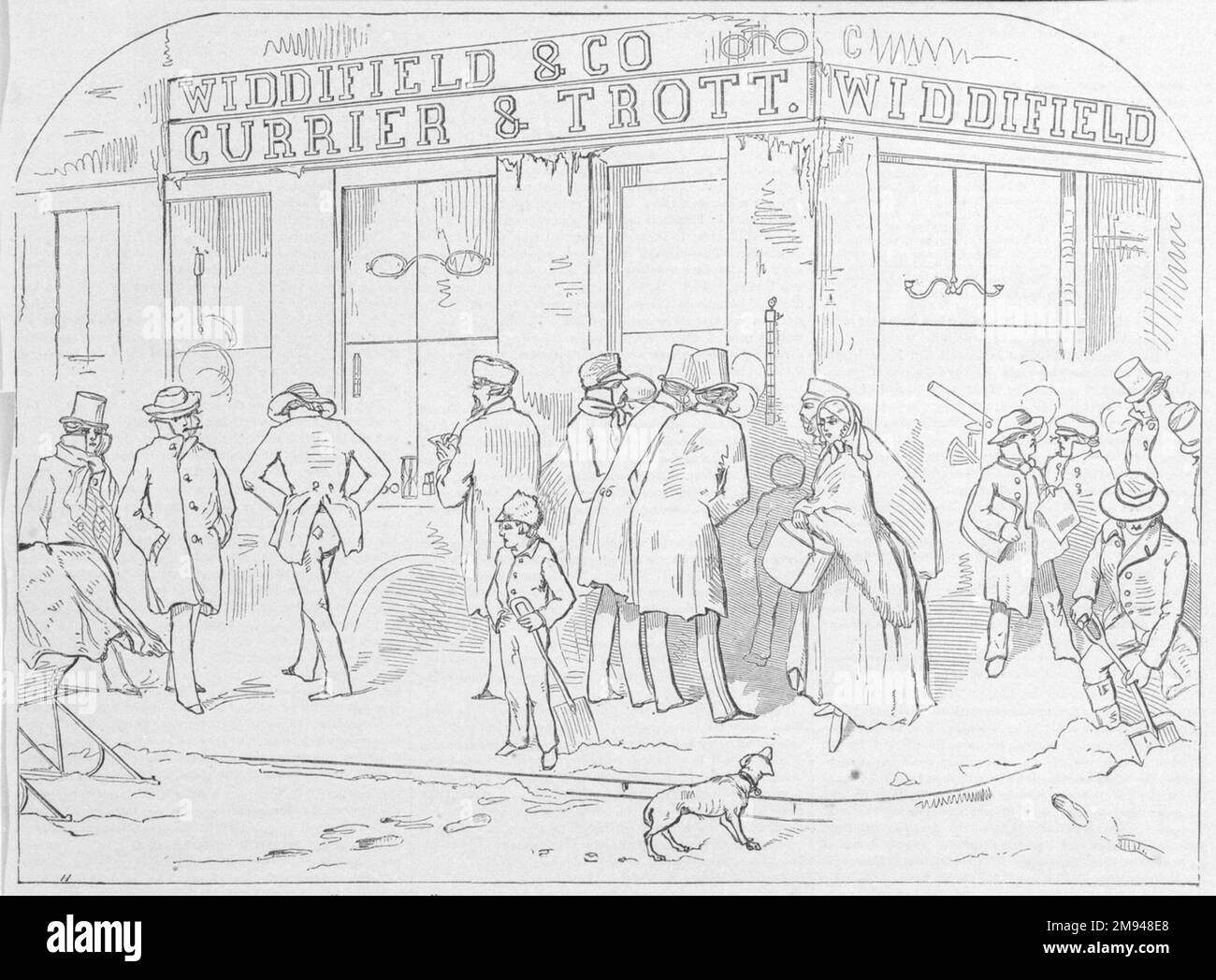 The 'Cold Term', Boston Scene, Corner of Mill e Washington Streets Winslow Homer (americano, 1836-1910). , 1858. Incisione in legno, foglio: 11 x 15 poll. (27,9 x 38,1 cm);. Arte americana 1858 Foto Stock