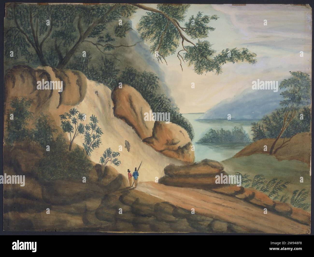 Paesaggio con due figure Sarah A. Ryder. , 19th ° secolo. Acquerello su grafite su carta ovata, 19 x 25 9/16 poll. (48,3 x 64,9 cm). Arte americana 19th ° secolo Foto Stock