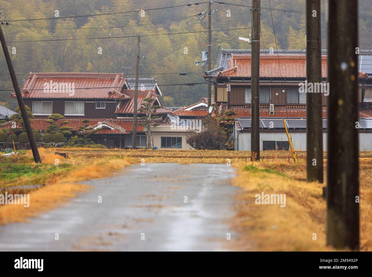 Strada per le tradizionali case giapponesi nel villaggio rurale in un giorno di inverno piovoso Foto Stock