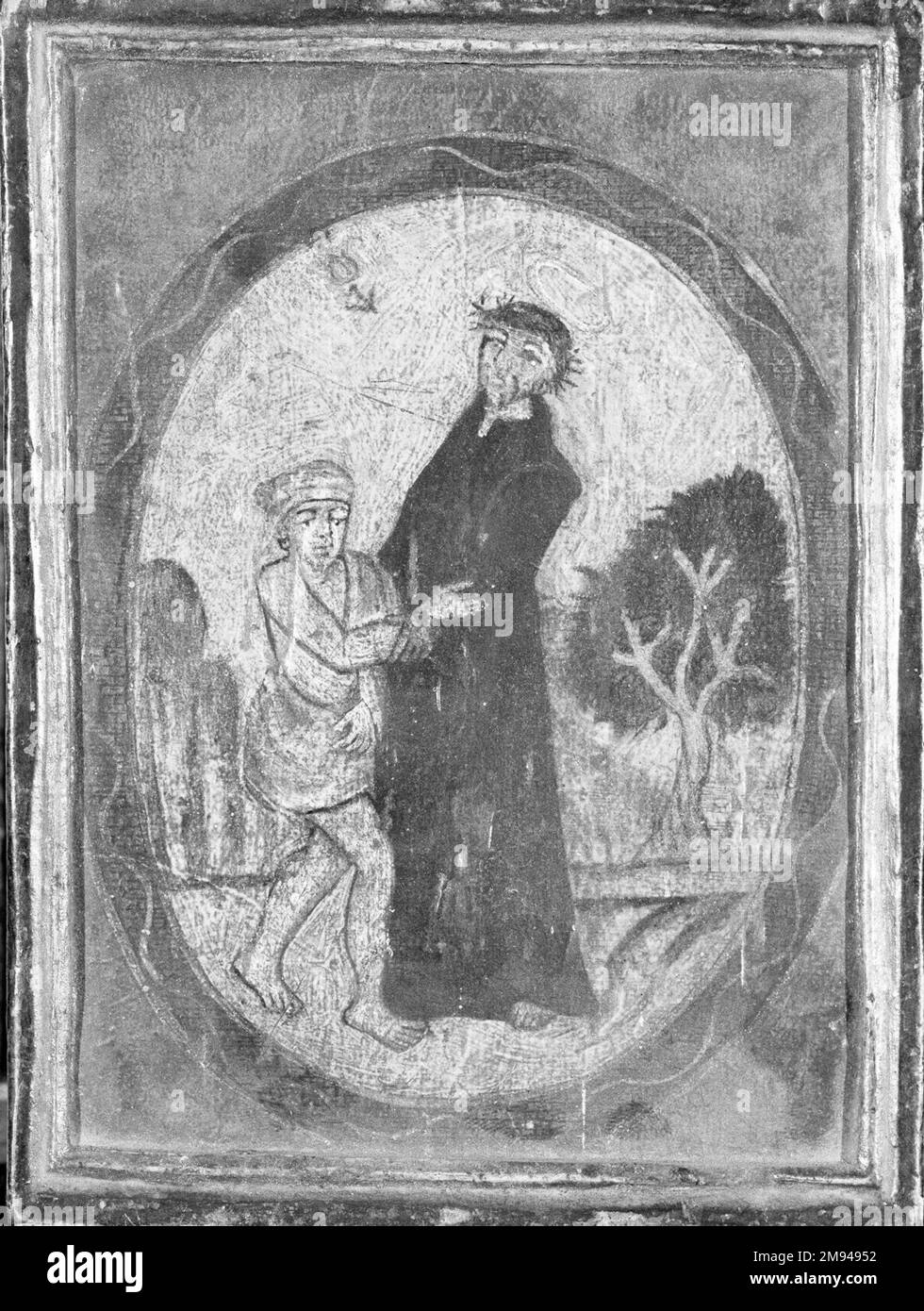 (San Francesco aiutare Beggar) Sconosciuto.. Olio sul pannello, 6 x 5 in. (15,2 x 12,7 cm). Arte americana Foto Stock