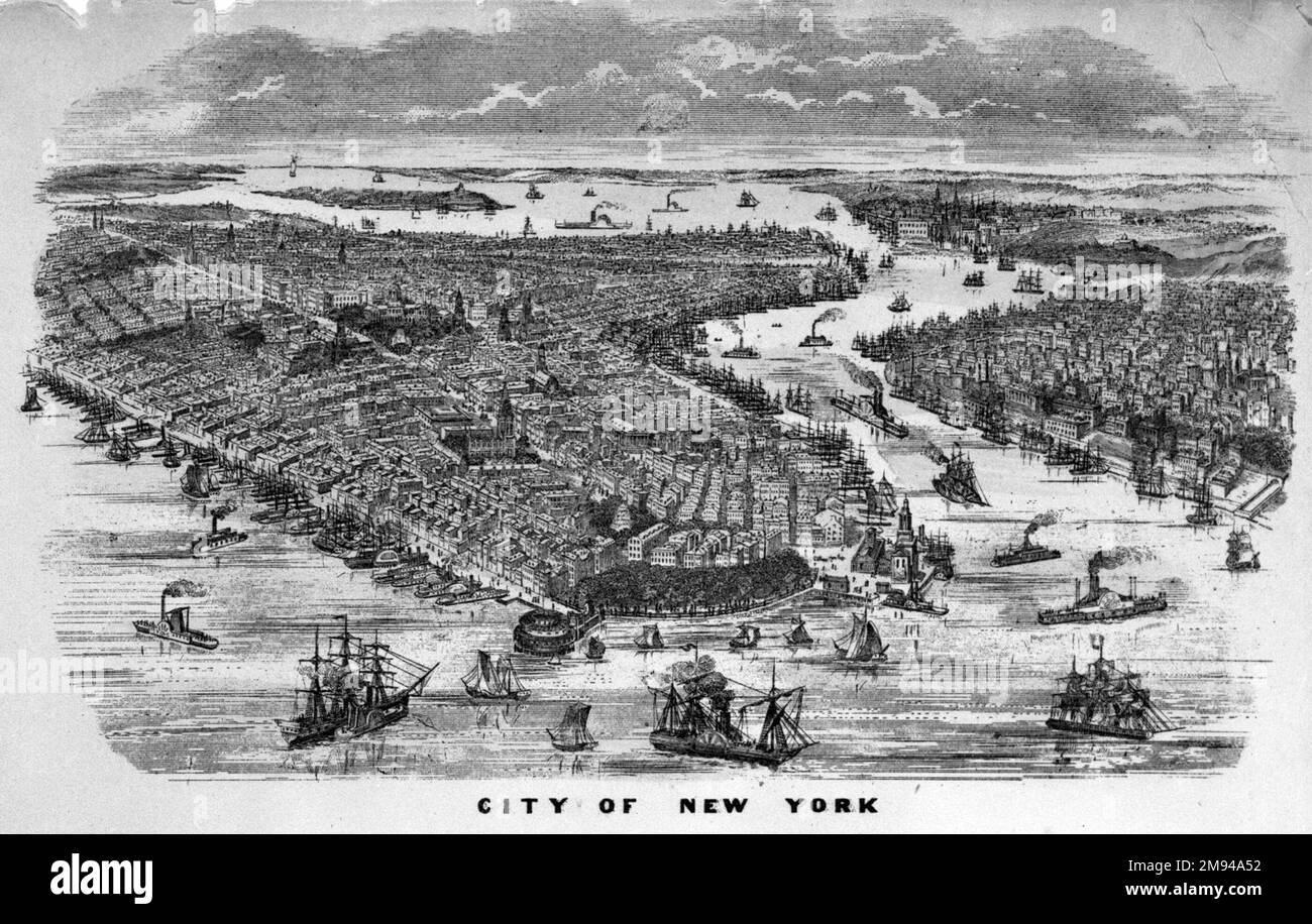 Città di New York sconosciuta. Città di New York. Litografia, dipinta a mano con acquerello su carta, foglio: 8 1/4 x 17 pollici (21 x 43,2 cm). Arte americana Foto Stock