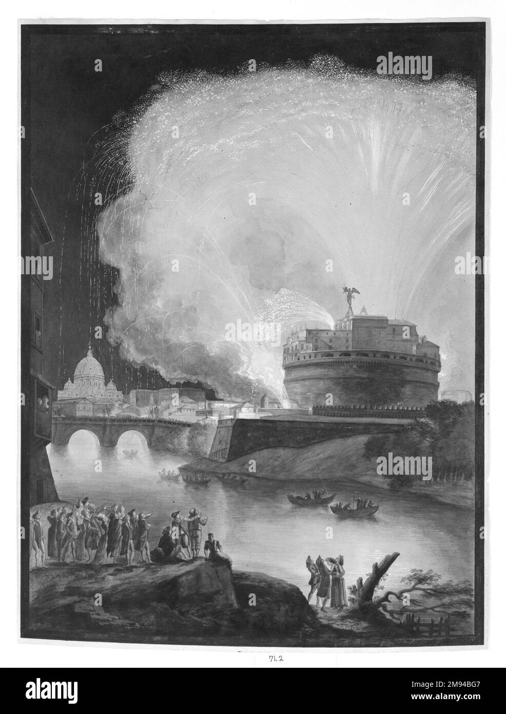 Fuochi d'artificio su Castel St. Angelo, Roma sconosciuta.. Gouache su litografia American Art Foto Stock