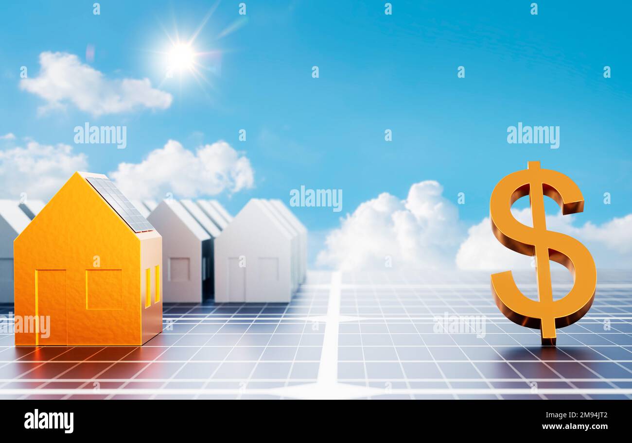 Modello golden house con pannelli solari sul tetto e il simbolo della valuta statunitense messo sulla superficie del pannello solare. concetto di leadership in sostenibile Foto Stock