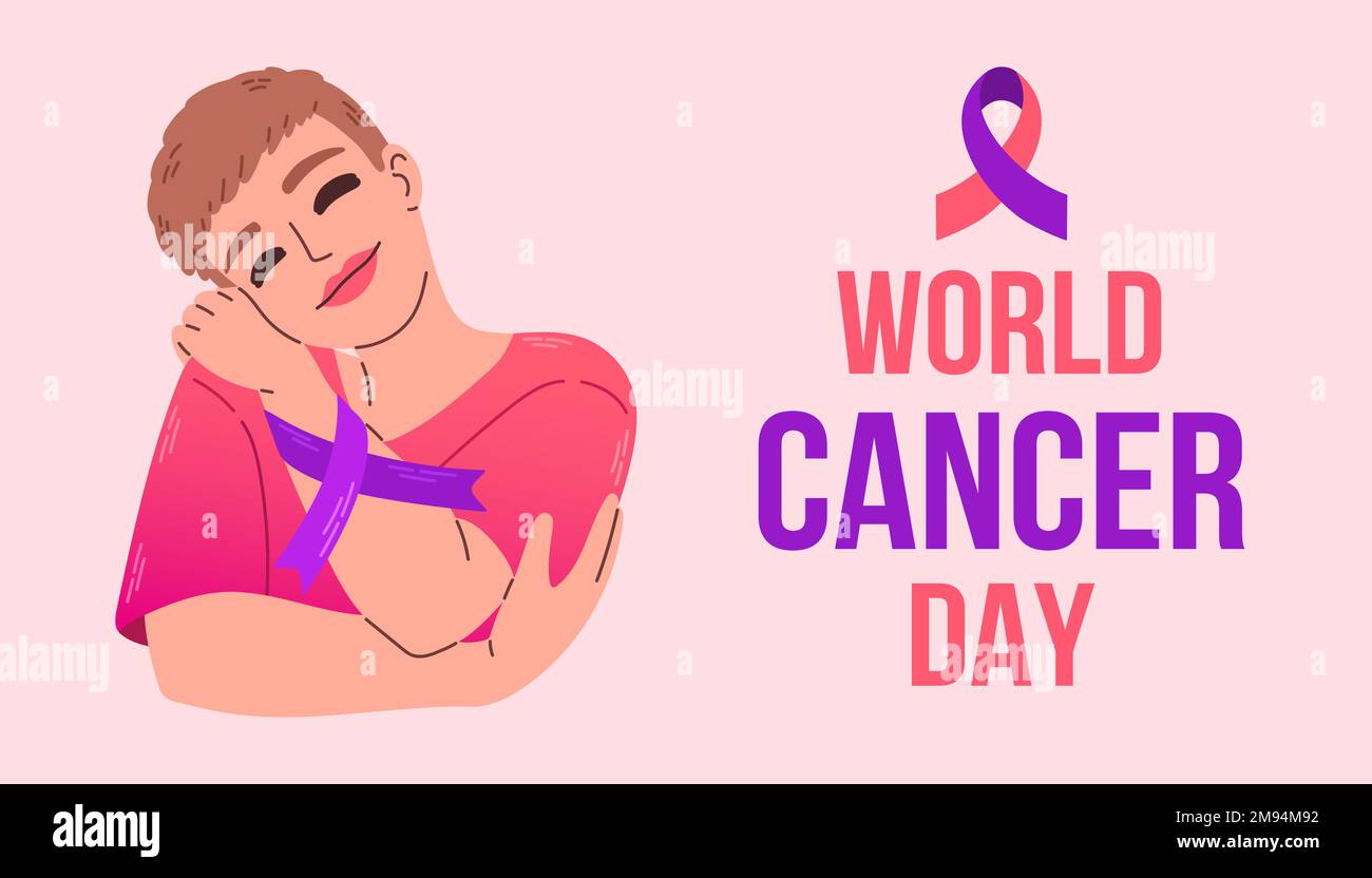 World Cancer Day 4 Febbraio Poster o Banner sfondo. Donna con illustrazione del nastro. EPS 10. Illustrazione Vettoriale