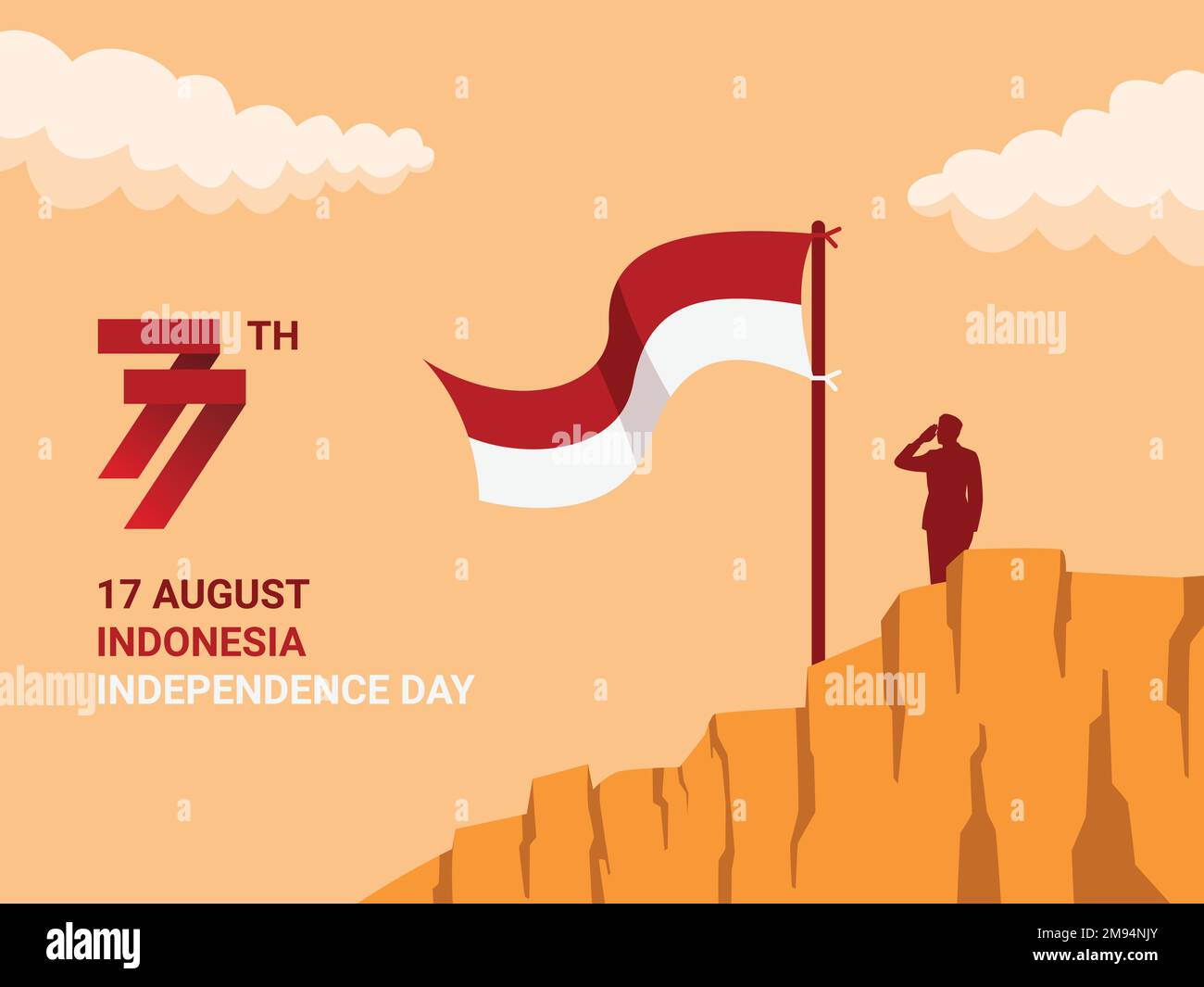 Illustrazione dell'uomo che saluta la bandiera indonesiana - Indonesia Independence Day Celebration Poster background - Vector Illustration Design Illustrazione Vettoriale