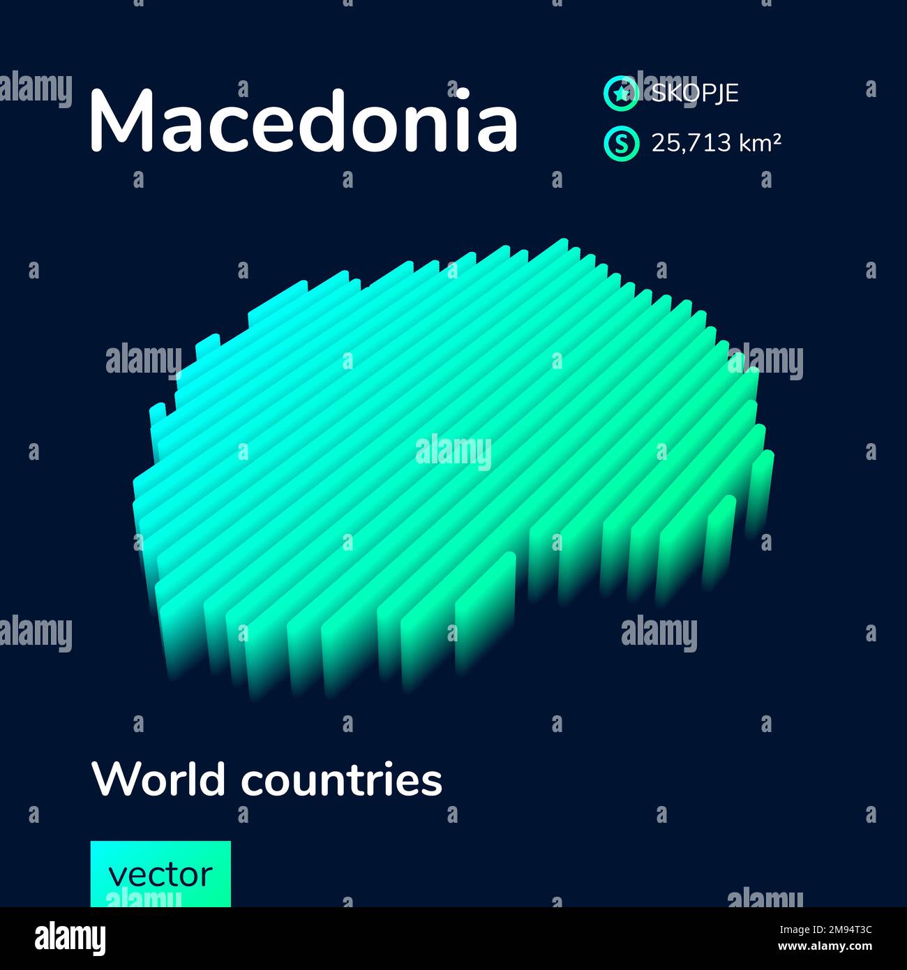 Mappa isometrica 3D vettoriale Macedonia in colori turchesi al neon su sfondo blu scuro. Mappa stilizzata icona della Macedonia. Elemento infografico Illustrazione Vettoriale