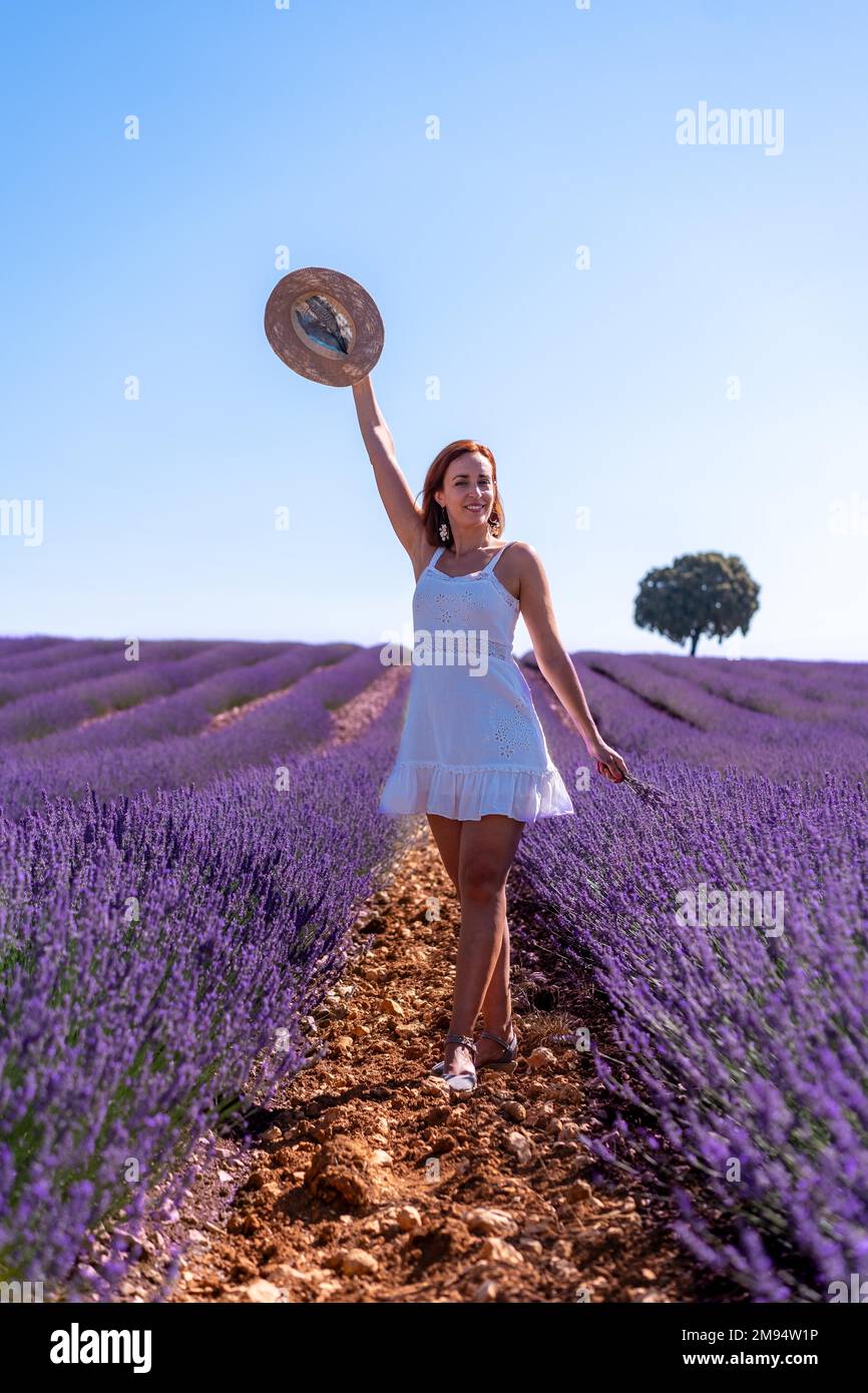 Una donna in un campo estivo di lavanda in un vestito bianco godendo la natura Foto Stock