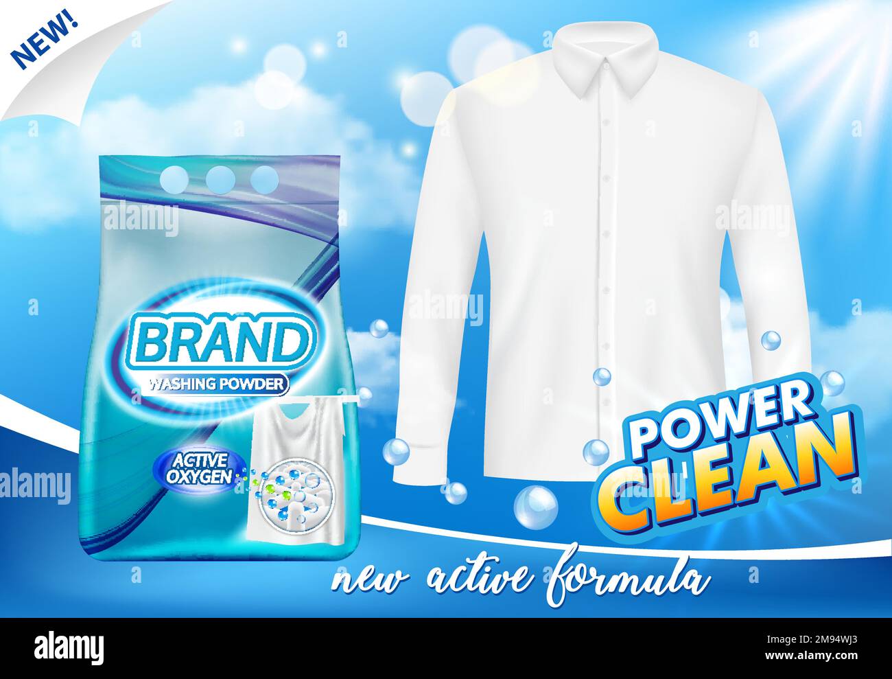 Washing polvere pacchetto vettore ads design realistico Illustrazione Vettoriale