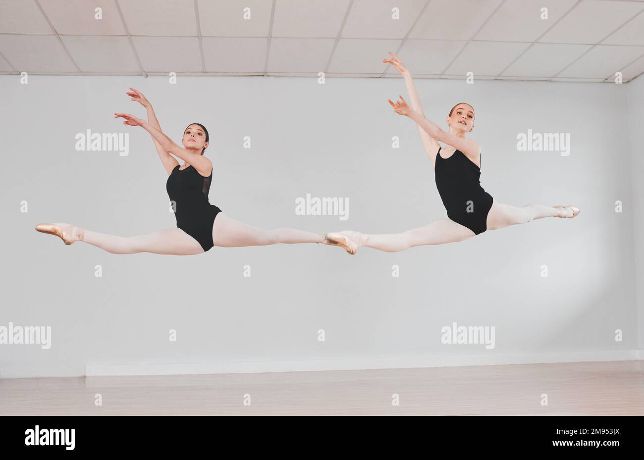 Con il balletto, il cielo è il limite. Ritratto di due ballerini che praticano insieme la loro routine. Foto Stock