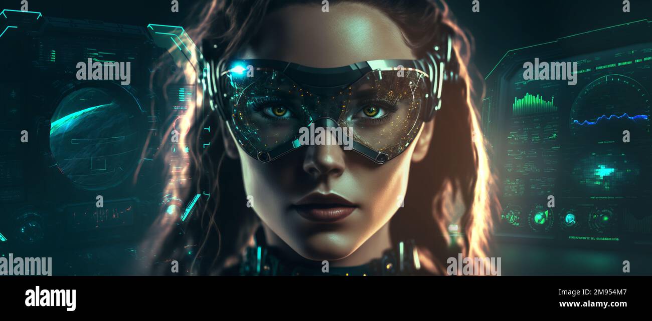 Design collage ai metaverse Concept con donna che indossa occhiali olografici per visore VR, donna con occhiali intelligenti tecnologia futuristica IA generativa Foto Stock