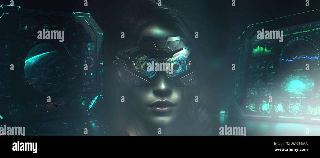 Design collage ai metaverse Concept con donna che indossa occhiali olografici per visore VR, donna con occhiali intelligenti tecnologia futuristica IA generativa Foto Stock