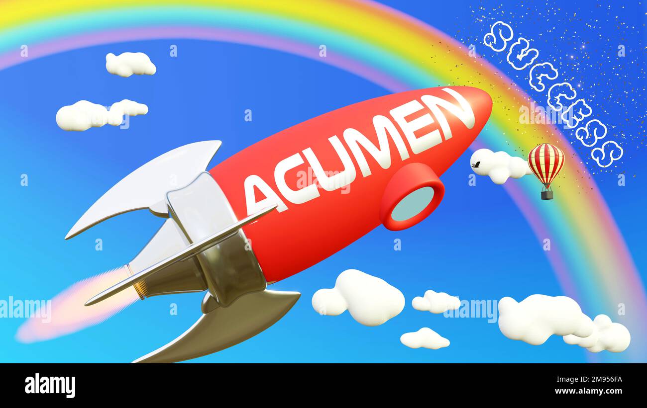 L'acumen conduce a realizzare il successo nel commercio e nella vita. Razzo cartoon etichettato con testo Acumen, volando alto nel cielo blu per raggiungere l'arcobaleno, rewa Foto Stock