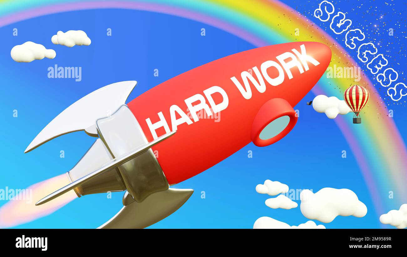 Il duro lavoro porta al successo nel business e nella vita. Razzo cartoon etichettato con testo Hard Work, volando in alto nel cielo blu per raggiungere l'arcobaleno Foto Stock