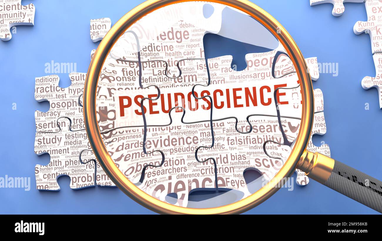 La pseudoscienza è un argomento complesso e multiparte sotto stretta ispezione. Complessità mostrata come pezzi di puzzle corrispondenti che definiscono decine di idee vitali e c Foto Stock