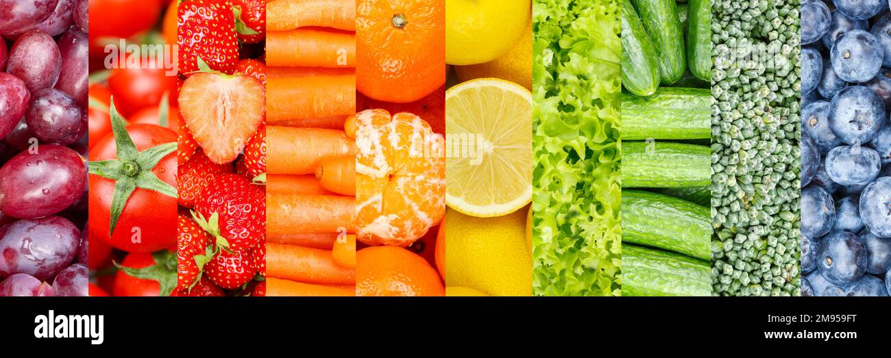 Frutta e verdura fondo raccolta di frutta fresca lattuga panorama con sfondo bacche Foto Stock